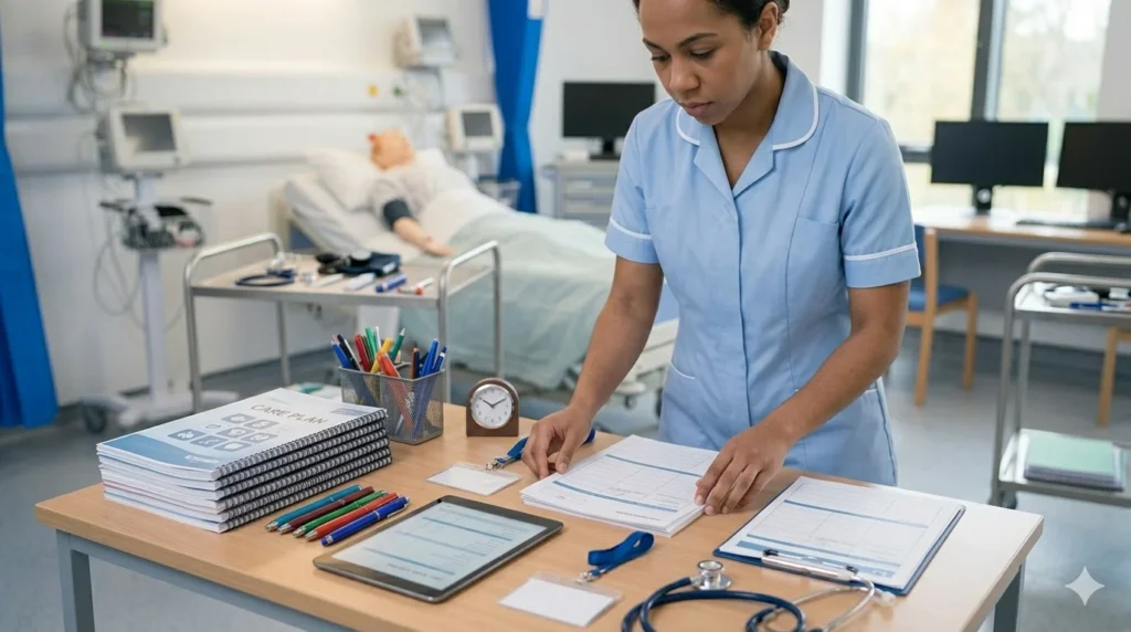 A symbolic scene showing a nurse arranging care planning documents and tools on a desk in a simulation lab, with soft lighting highlighting methodical preparation, realistic clinical environment, professional and clean composition, focus on structured strategy and exam readiness, no text