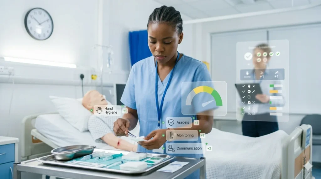 A symbolic scene of a nurse candidate performing a procedure while visual overlays suggest scoring or checklist evaluation, representing the OSCE marking criteria, modern clinical simulation lab, professional and clean composition, realistic style, high detail, no text