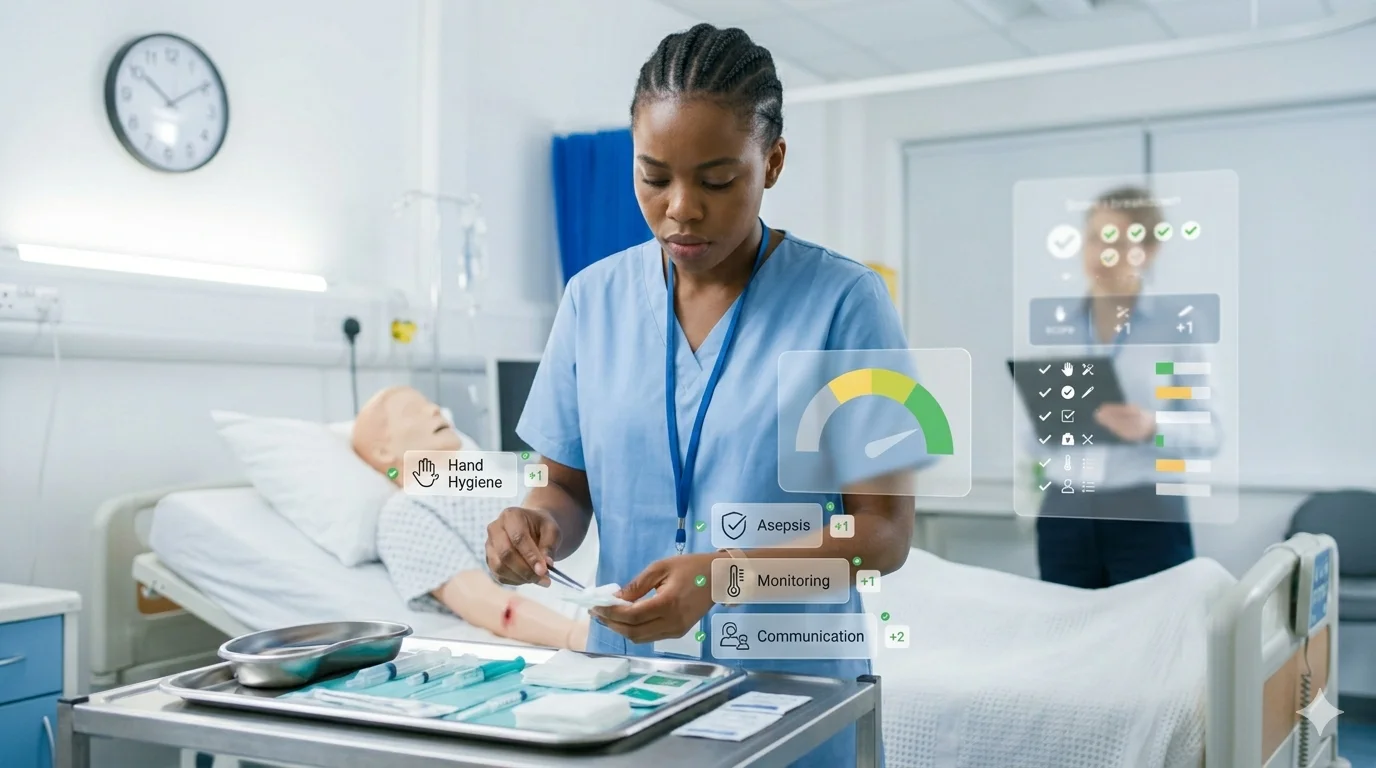 A symbolic scene of a nurse candidate performing a procedure while visual overlays suggest scoring or checklist evaluation, representing the OSCE marking criteria, modern clinical simulation lab, professional and clean composition, realistic style, high detail, no text