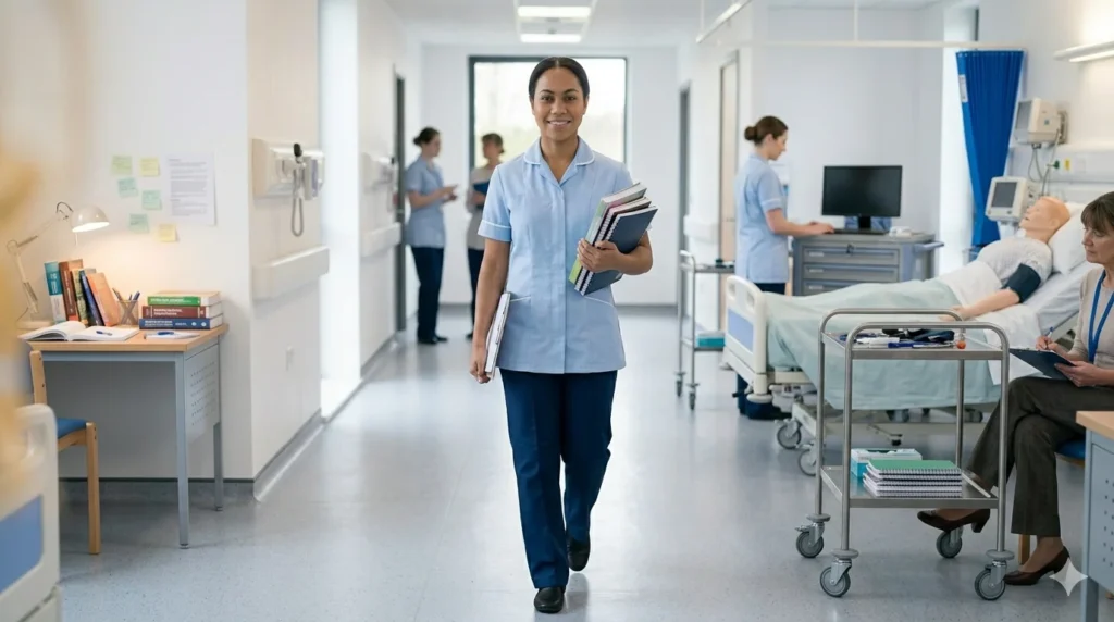 A symbolic scene of a nurse walking confidently from a “theory” area (books and notes) toward a simulated hospital OSCE station, representing the transition from CBT to practical OSCE preparation, bright and clean clinical environment, realistic style, inspirational and professional composition, no text