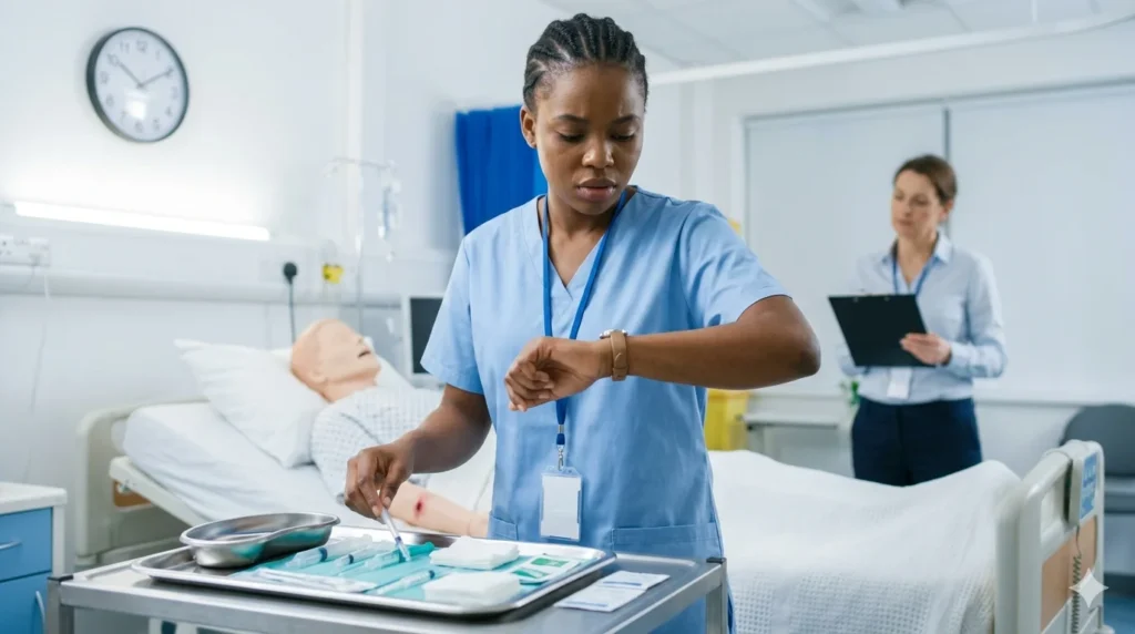 A focused nurse candidate in a clinical OSCE exam setting checking a wristwatch while performing a patient care task, with a visible wall clock in the background, organized medical tools on a tray, examiner slightly blurred observing, bright hospital lighting, realistic simulation environment, strong emphasis on time pressure and precision, high detail, shallow depth of field, no text, no logos