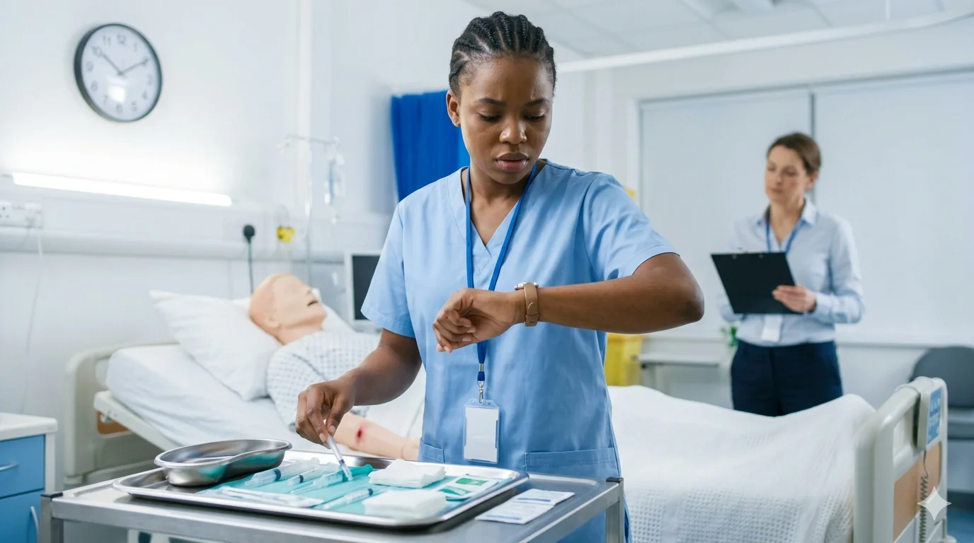 A focused nurse candidate in a clinical OSCE exam setting checking a wristwatch while performing a patient care task, with a visible wall clock in the background, organized medical tools on a tray, examiner slightly blurred observing, bright hospital lighting, realistic simulation environment, strong emphasis on time pressure and precision, high detail, shallow depth of field, no text, no logos